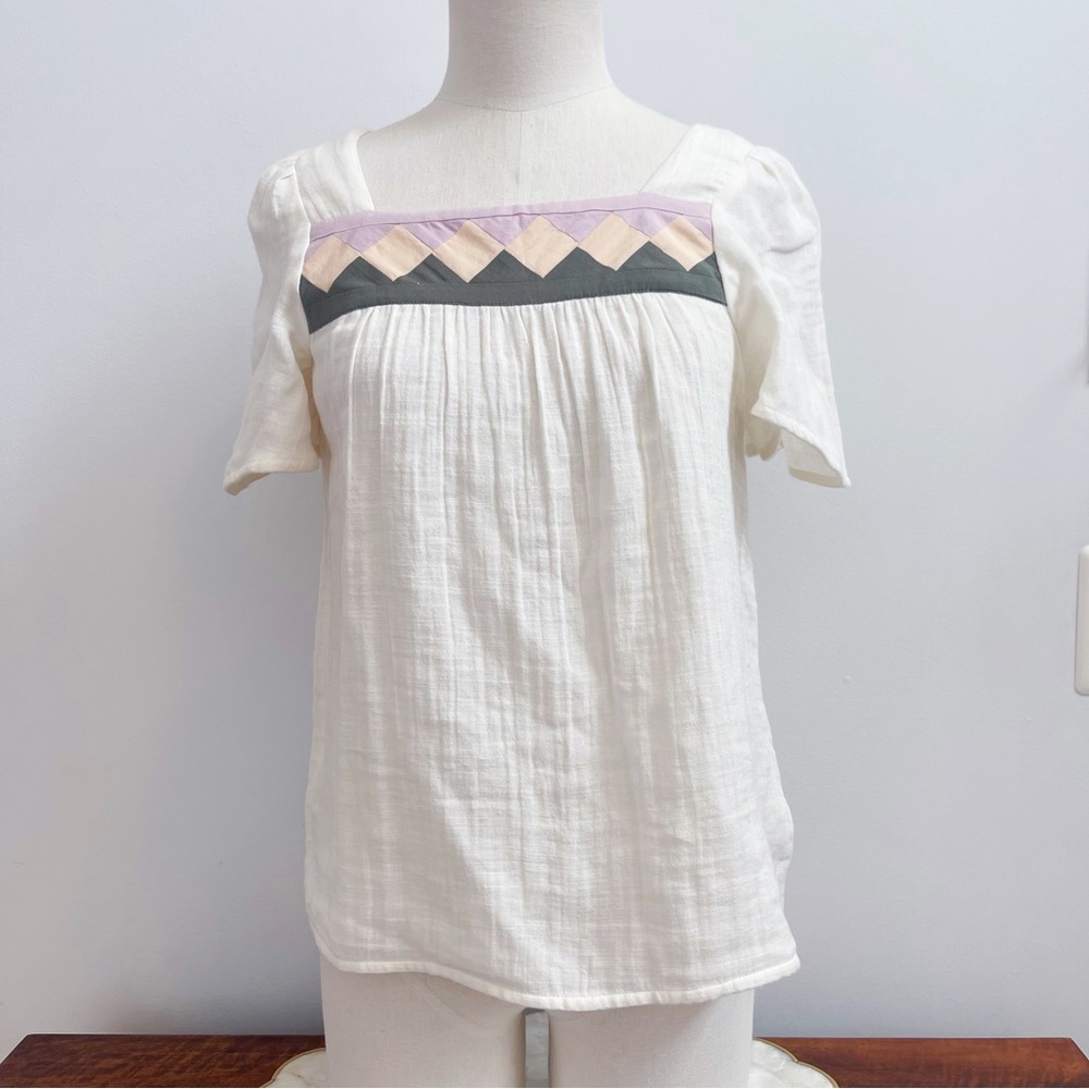 Madewell Cream Cotton Gauze Short Sleeve Patchwork Square-Neck Top XS NEW